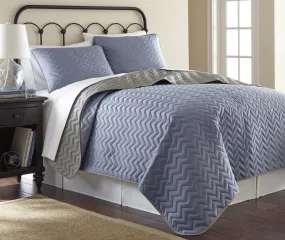3 Piece solid Reversible Chevron Coverlet Set  Denim/Silver King