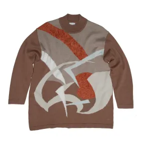 Abstract Intarsia Loop Pile Stitch Structured Mock Neck Pullover