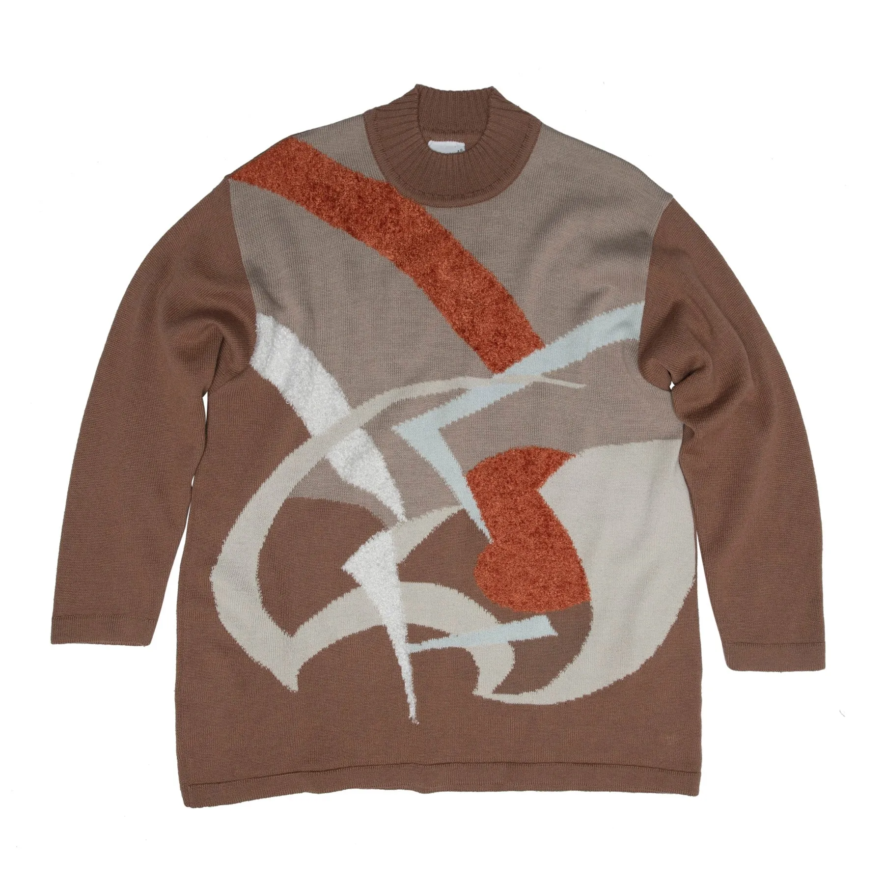 Abstract Intarsia Loop Pile Stitch Structured Mock Neck Pullover