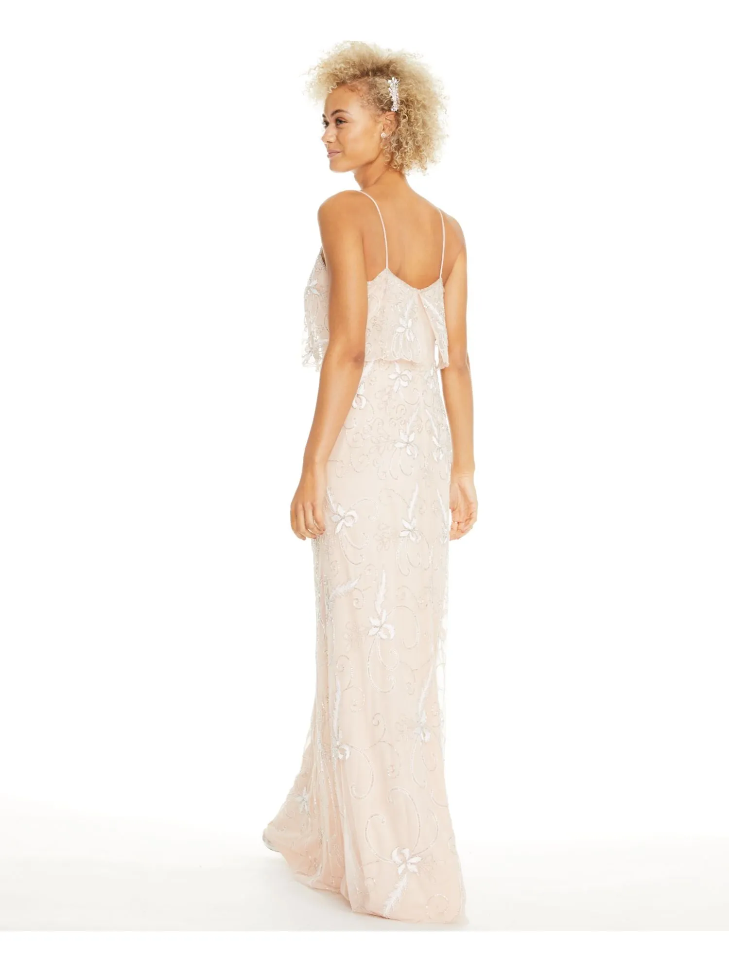 ADRIANNA PAPELL Womens Beige Beaded Embroidered Zippered Sheer Overlay Floral Spaghetti Strap V Neck Full-Length Evening Gown Dress