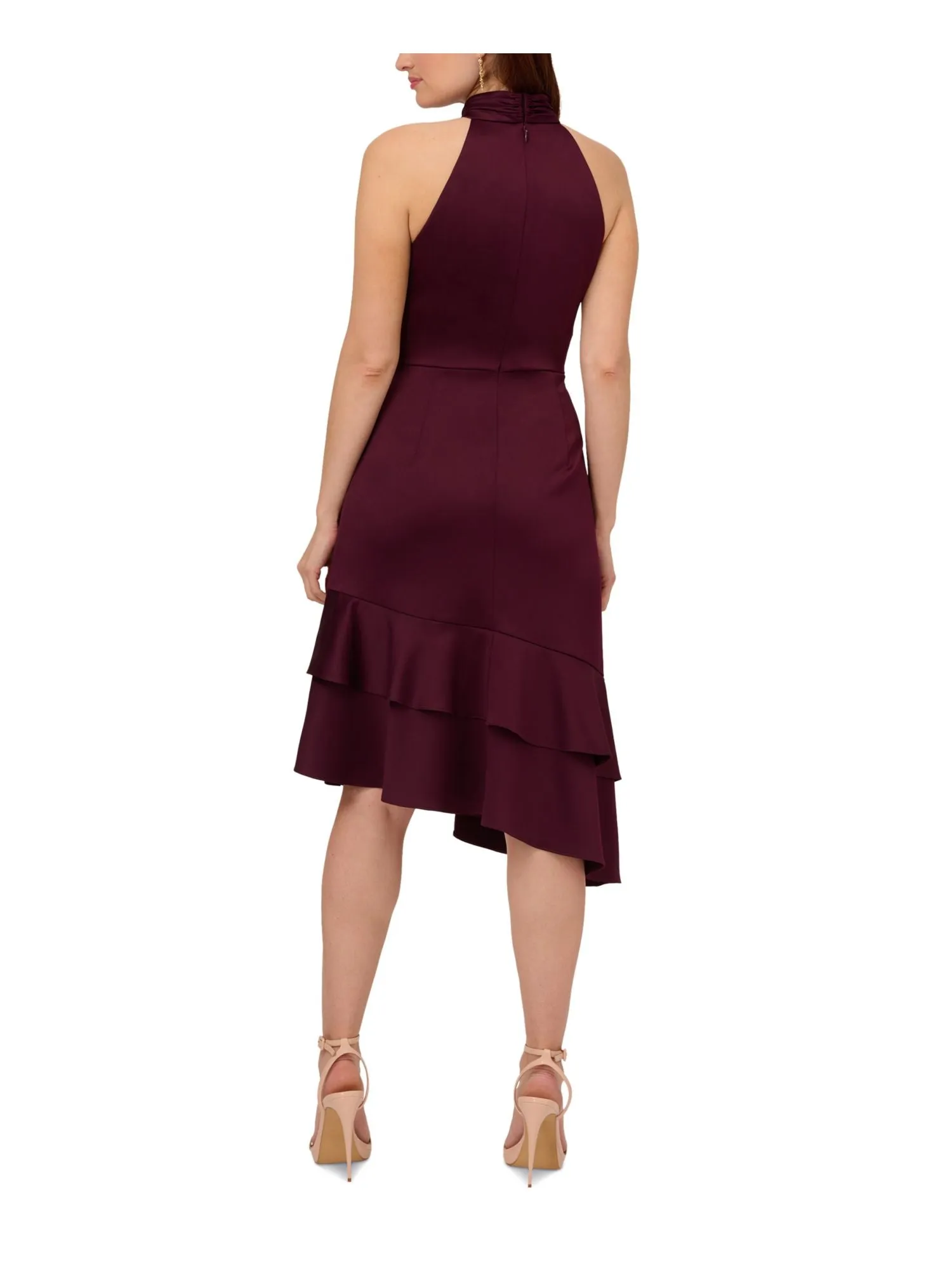 ADRIANNA PAPELL Womens Burgundy Ruched Zippered Double Ruffled Asymmetric Hem Sleeveless Halter Below The Knee Party Fit   Flare Dress