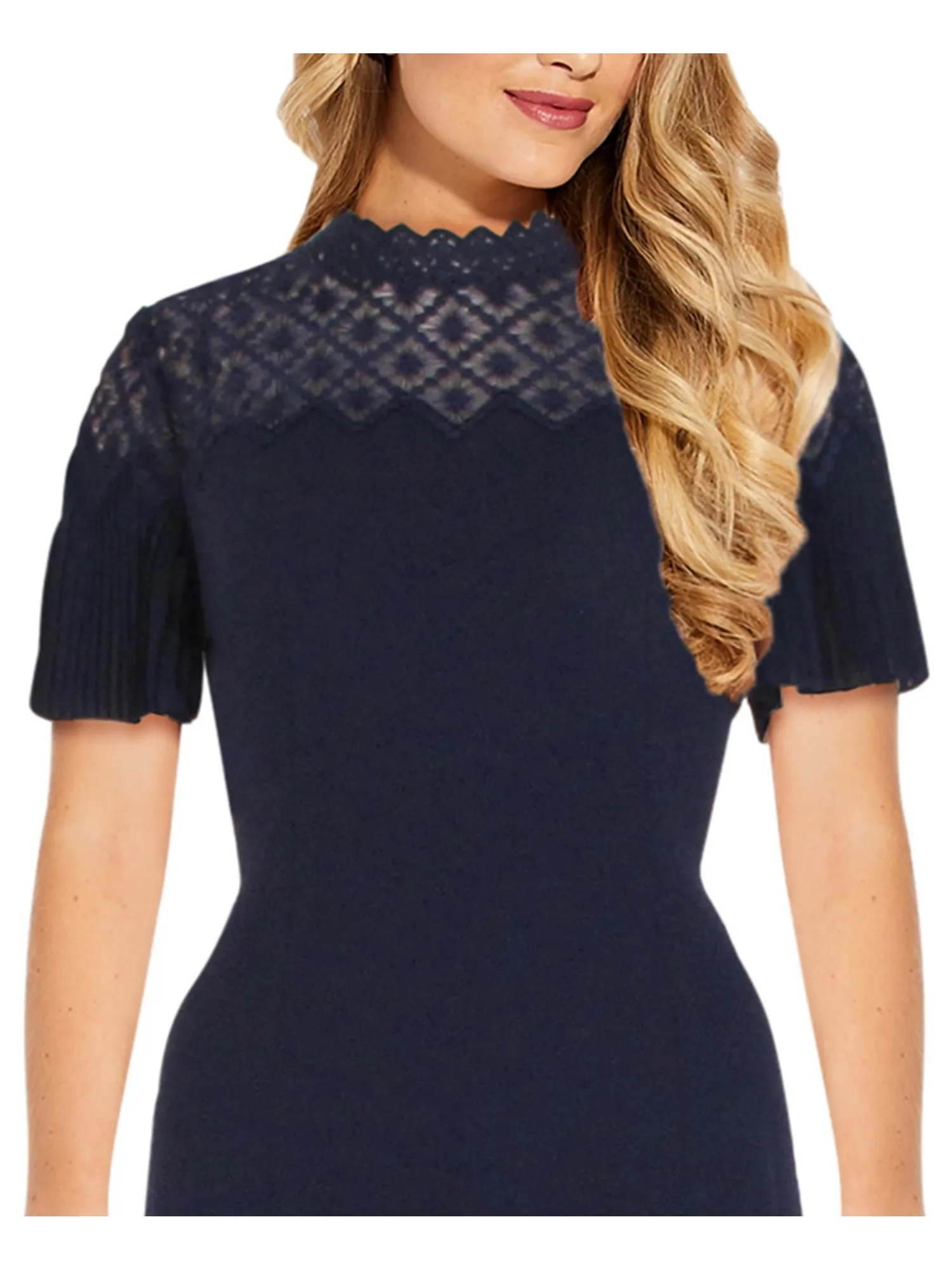 ADRIANNA PAPELL Womens Embroidered Short Sleeve Mock Neck Above The Knee Party Fit   Flare Dress