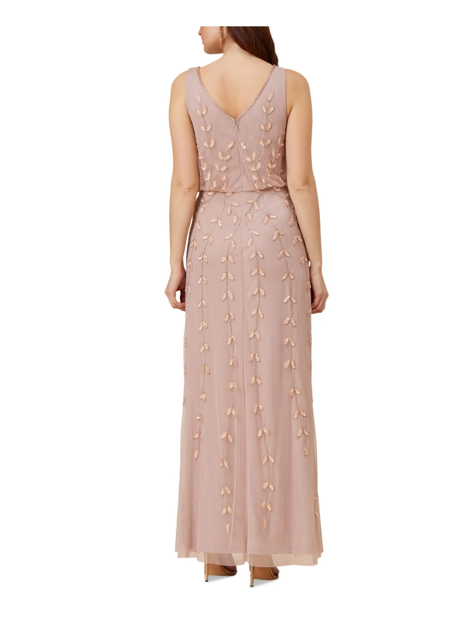 ADRIANNA PAPELL Womens Pink Embellished Zippered Blouson Bodice Lined Sleeveless V Neck Full-Length Evening Gown Dress
