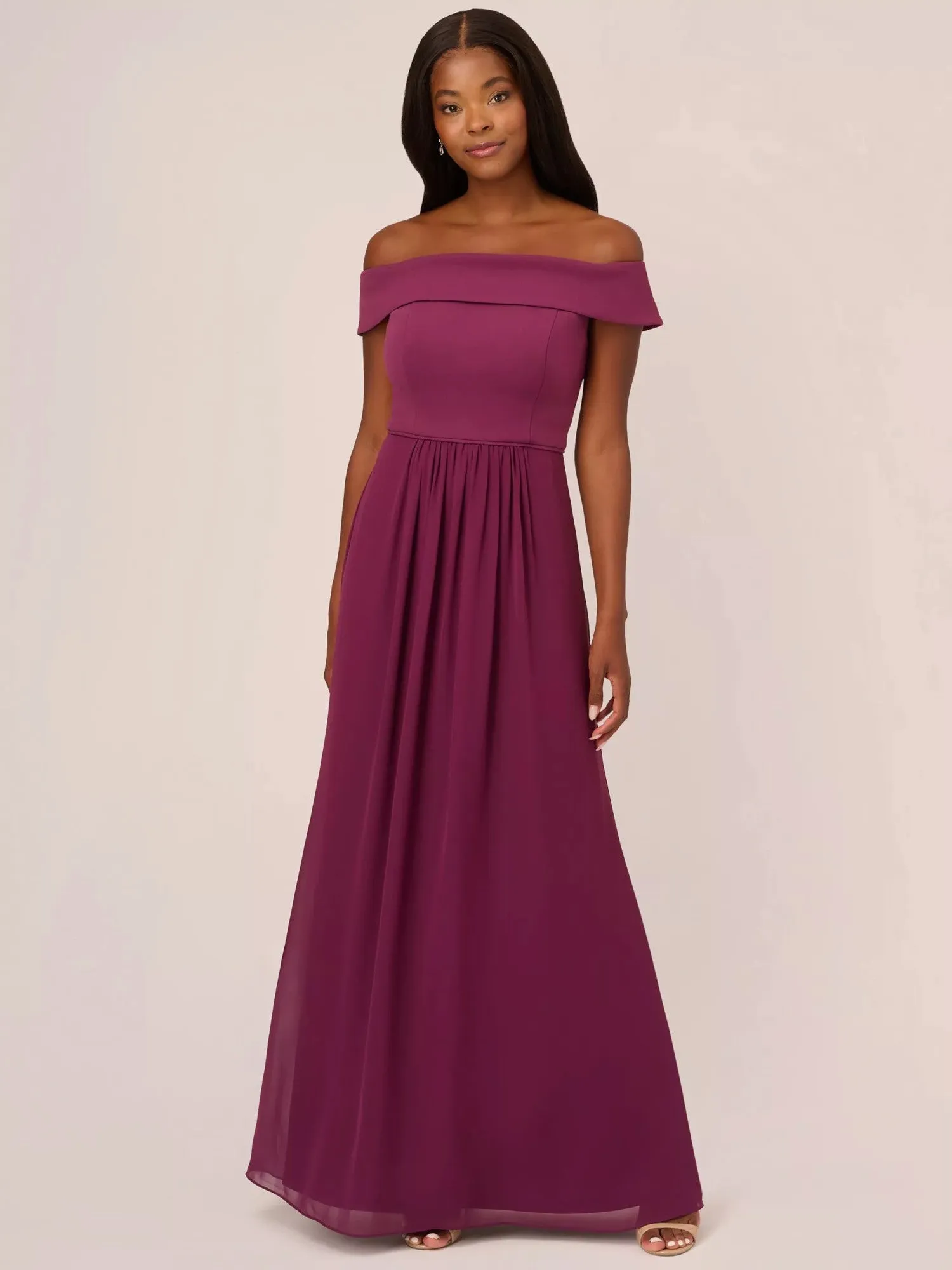 ADRIANNA PAPELL Womens Pleated Short Sleeve Off Shoulder Maxi Evening Fit   Flare Dress