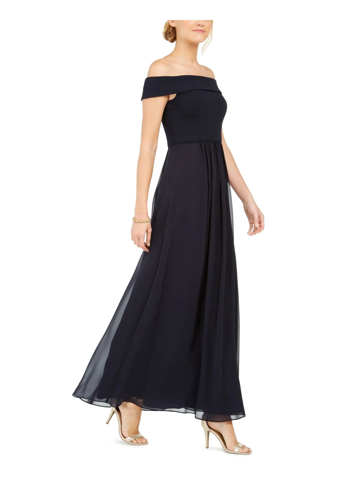 ADRIANNA PAPELL Womens Pleated Short Sleeve Off Shoulder Maxi Evening Fit   Flare Dress