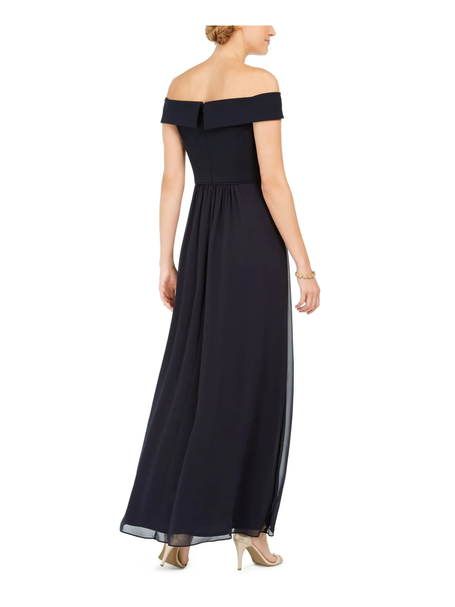 ADRIANNA PAPELL Womens Pleated Short Sleeve Off Shoulder Maxi Evening Fit   Flare Dress