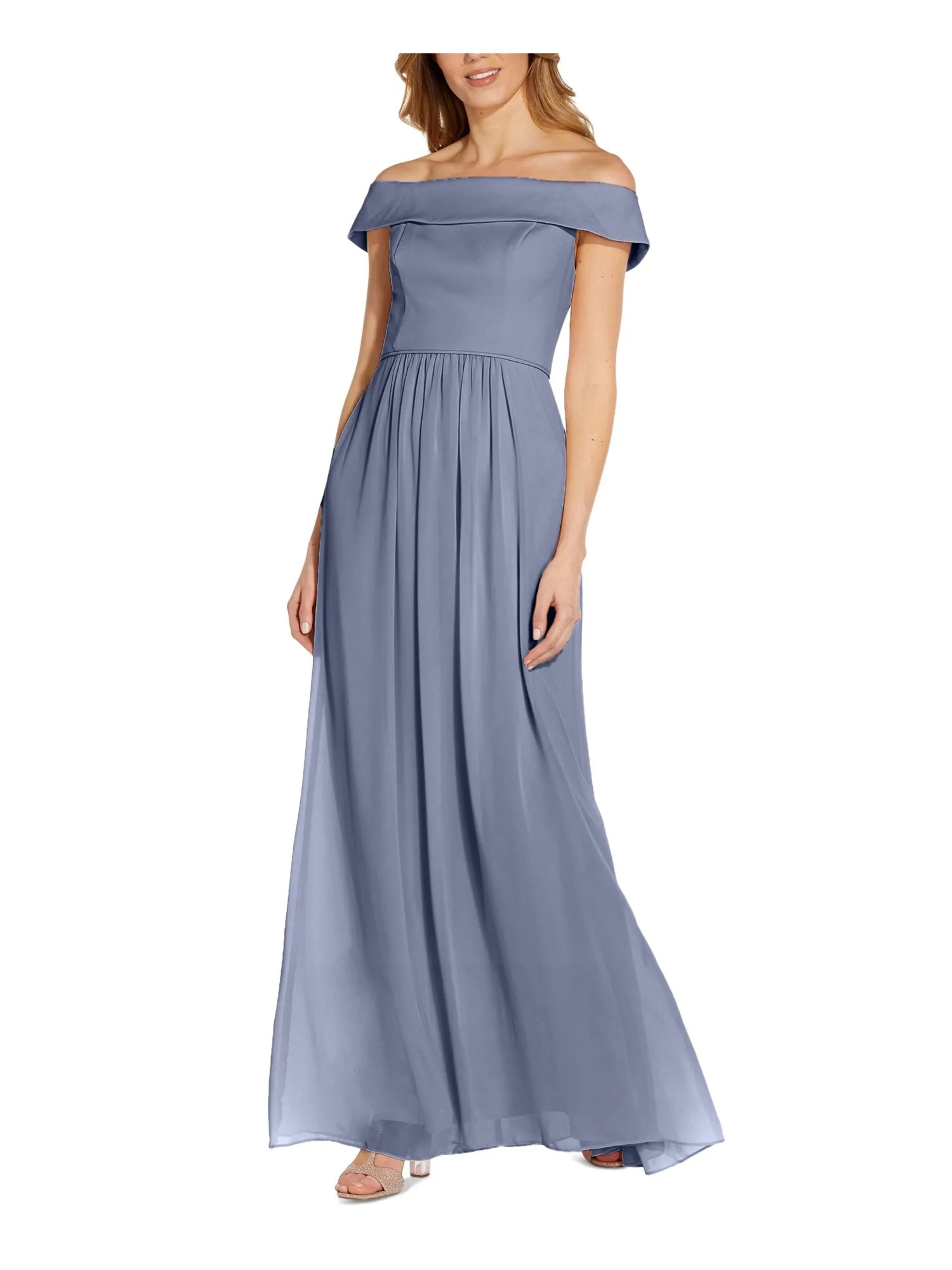 ADRIANNA PAPELL Womens Pleated Short Sleeve Off Shoulder Maxi Evening Fit   Flare Dress