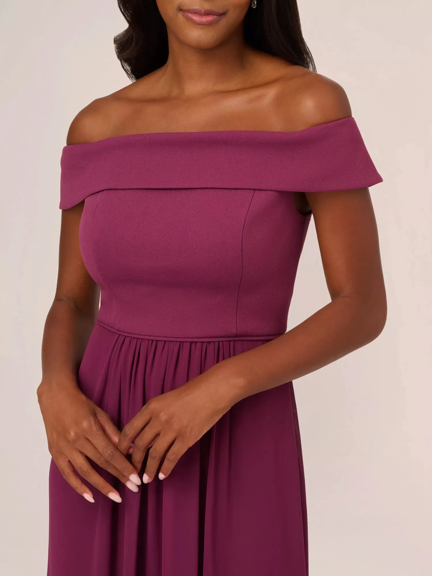 ADRIANNA PAPELL Womens Pleated Short Sleeve Off Shoulder Maxi Evening Fit   Flare Dress