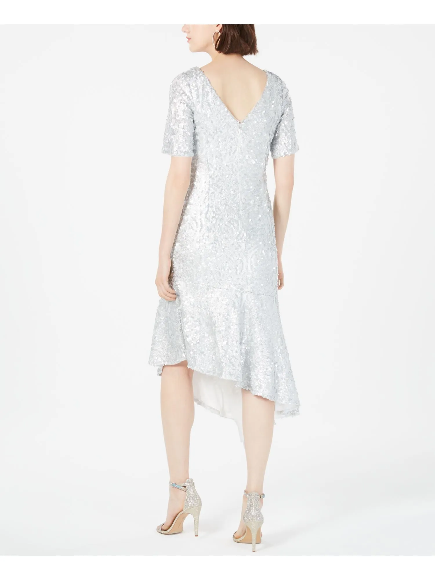 ADRIANNA PAPELL Womens Sequined Short Sleeve Jewel Neck Midi Party Sheath Dress