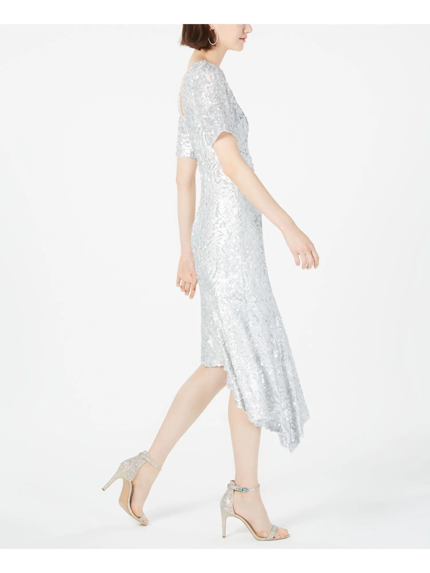 ADRIANNA PAPELL Womens Sequined Short Sleeve Jewel Neck Midi Party Sheath Dress