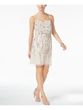 ADRIANNA PAPELL Womens White Embellished Zippered Elastic Waist Sleeveless V Neck Short Party Sheath Dress
