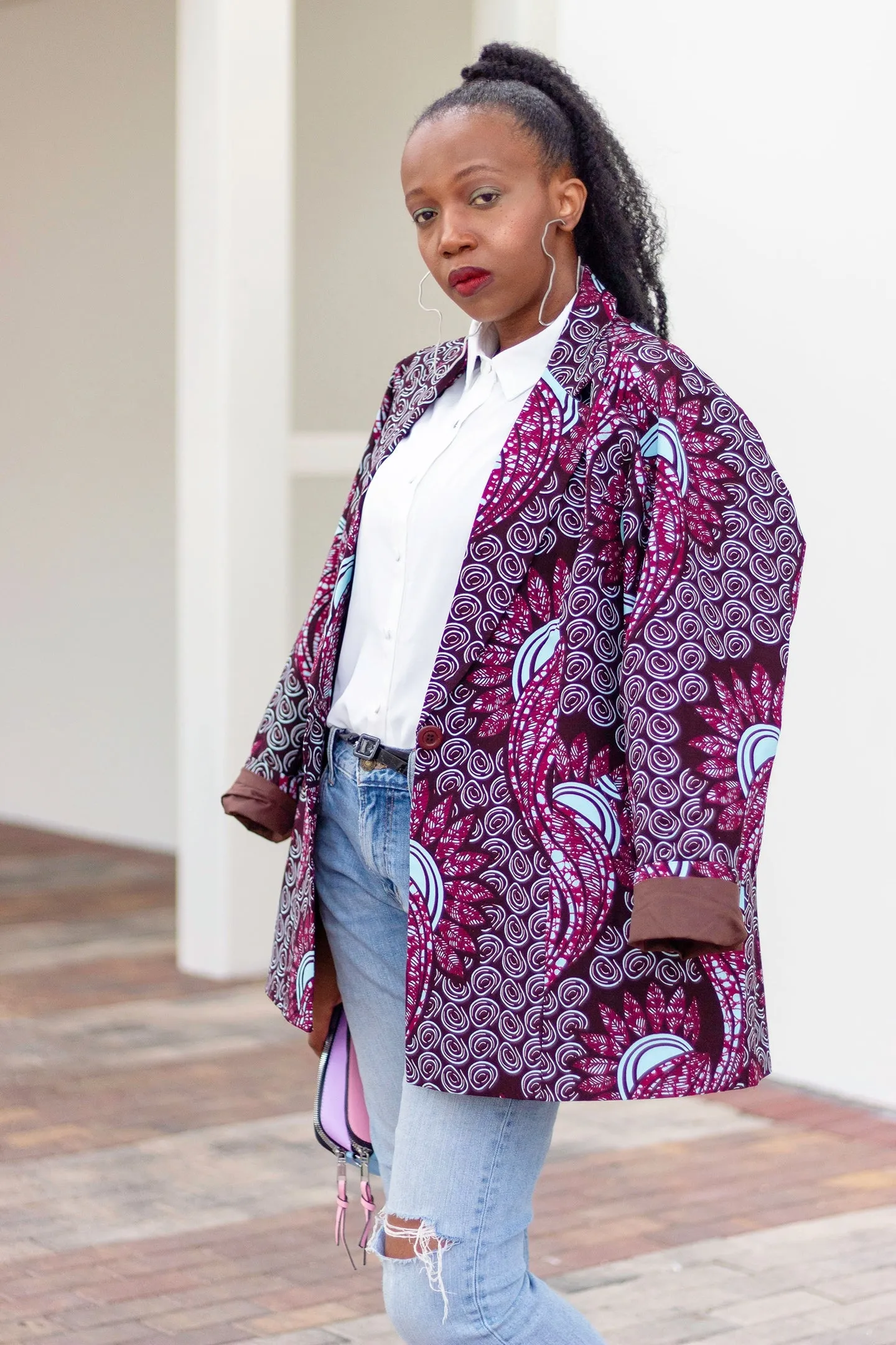 African Print/Ankara /Kitenge Women Blazer With Pockets  - Light Blue/Burgundy Floral Motif Print
