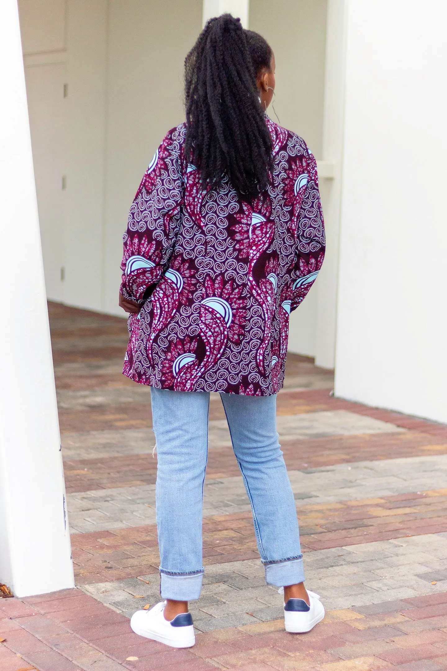 African Print/Ankara /Kitenge Women Blazer With Pockets  - Light Blue/Burgundy Floral Motif Print