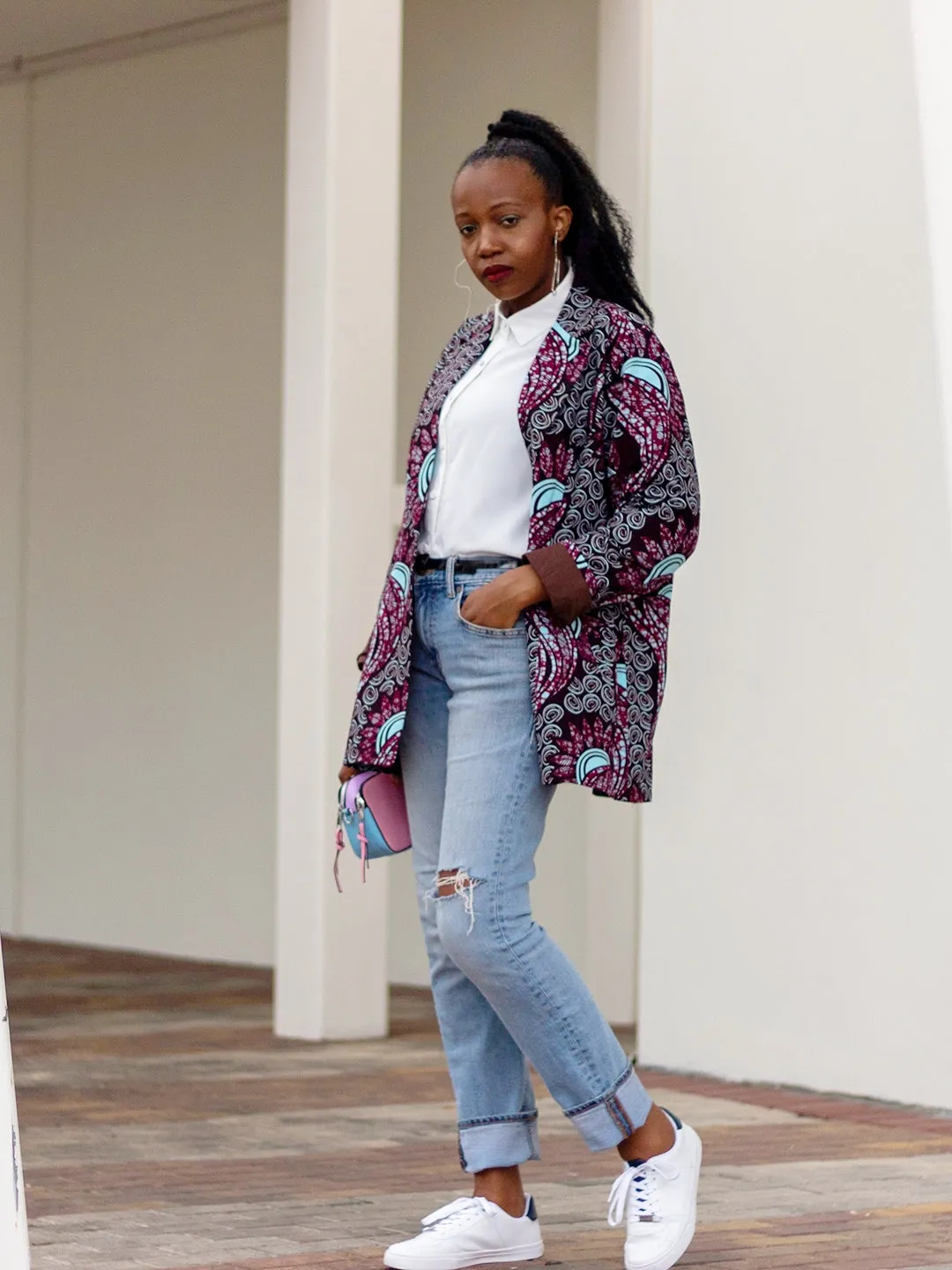 African Print/Ankara /Kitenge Women Blazer With Pockets  - Light Blue/Burgundy Floral Motif Print