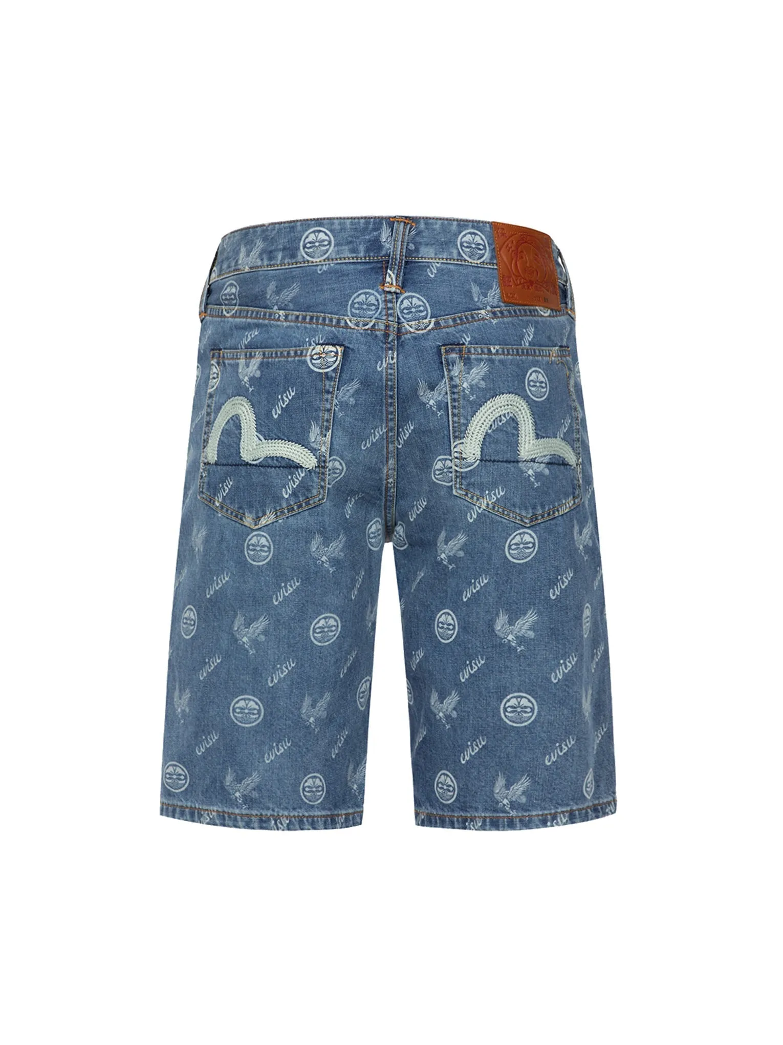 Allover Kamon and Eagle Print Denim Shorts