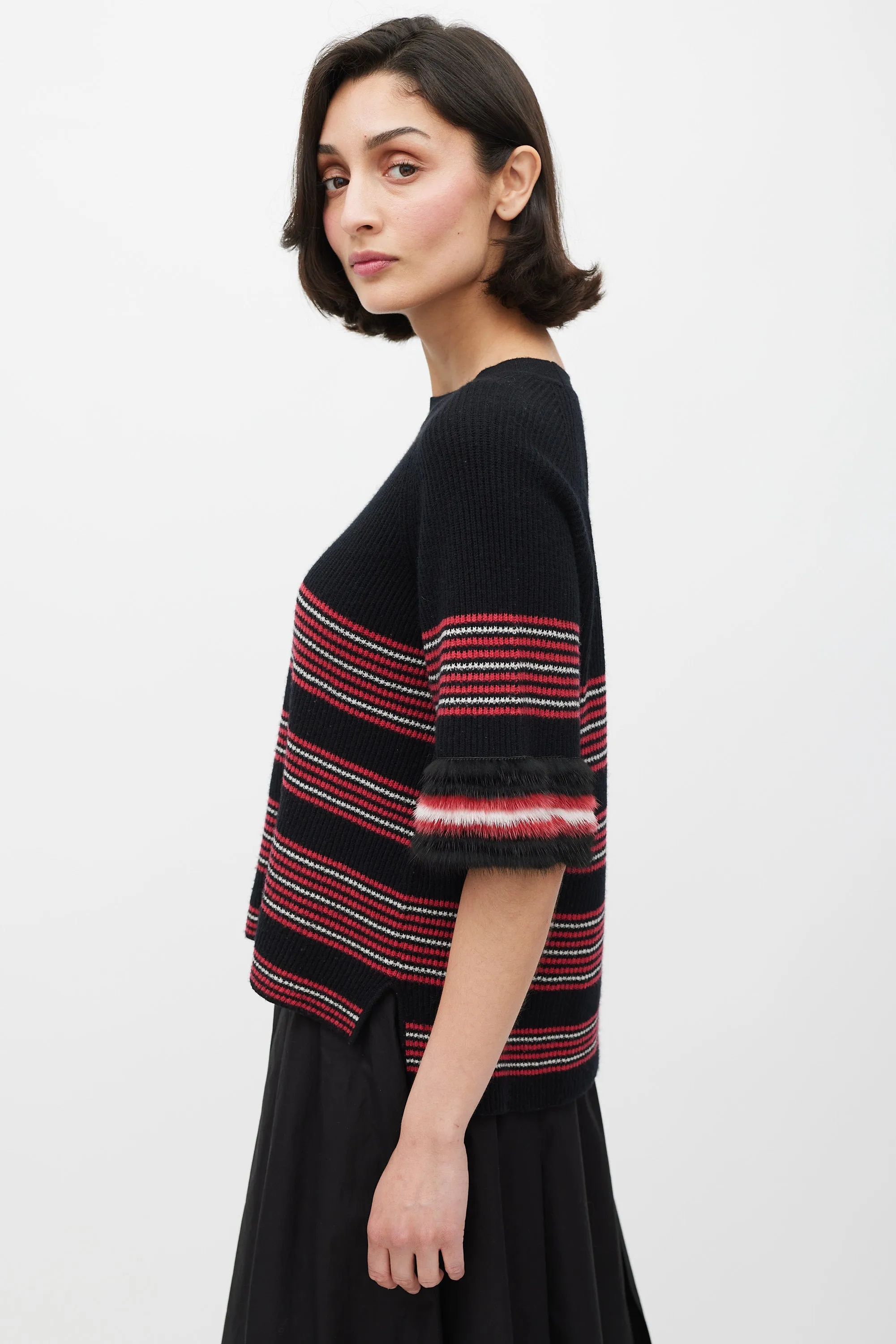 Black & Multicolour Striped Fur Trim Knit Sweater