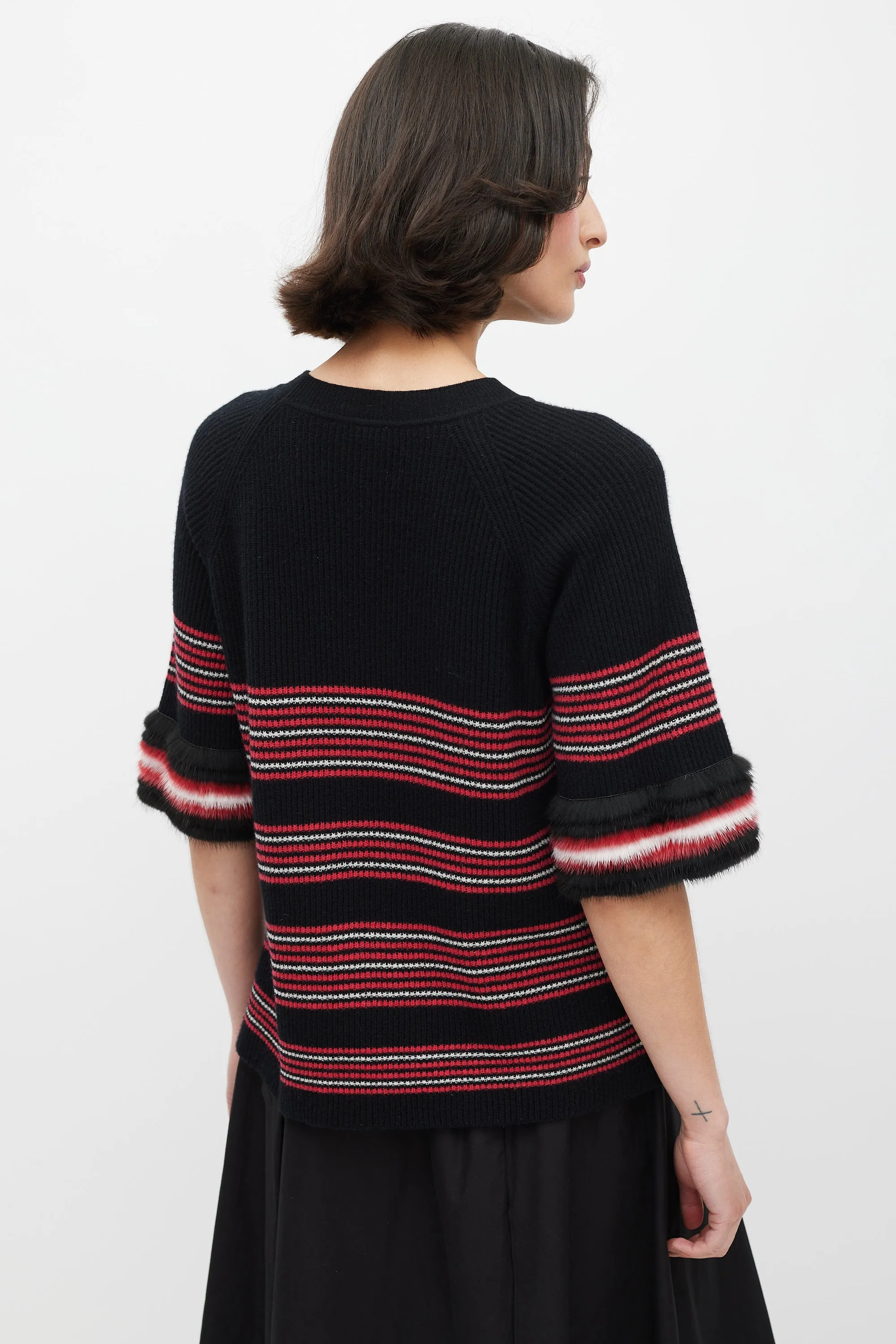 Black & Multicolour Striped Fur Trim Knit Sweater