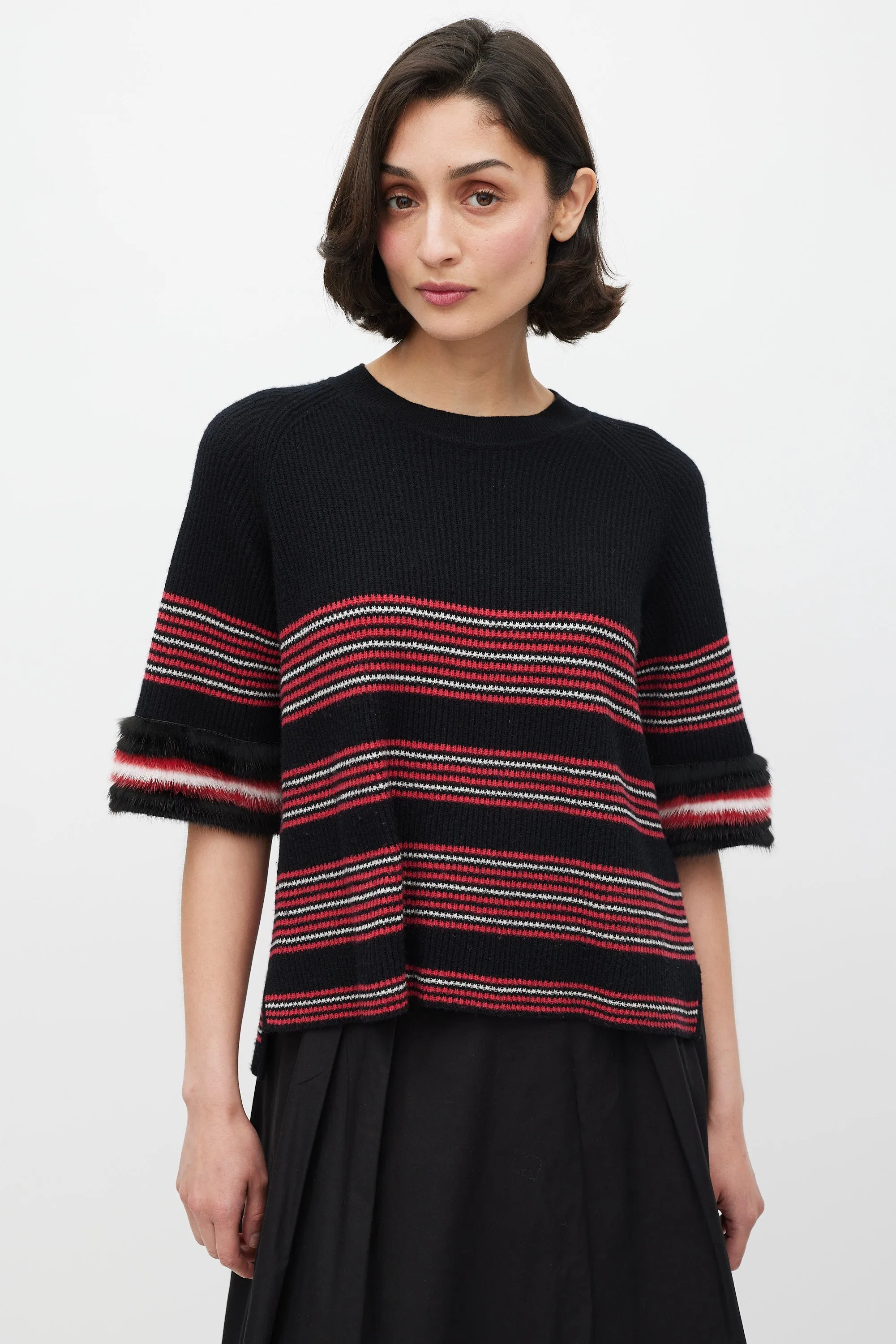 Black & Multicolour Striped Fur Trim Knit Sweater
