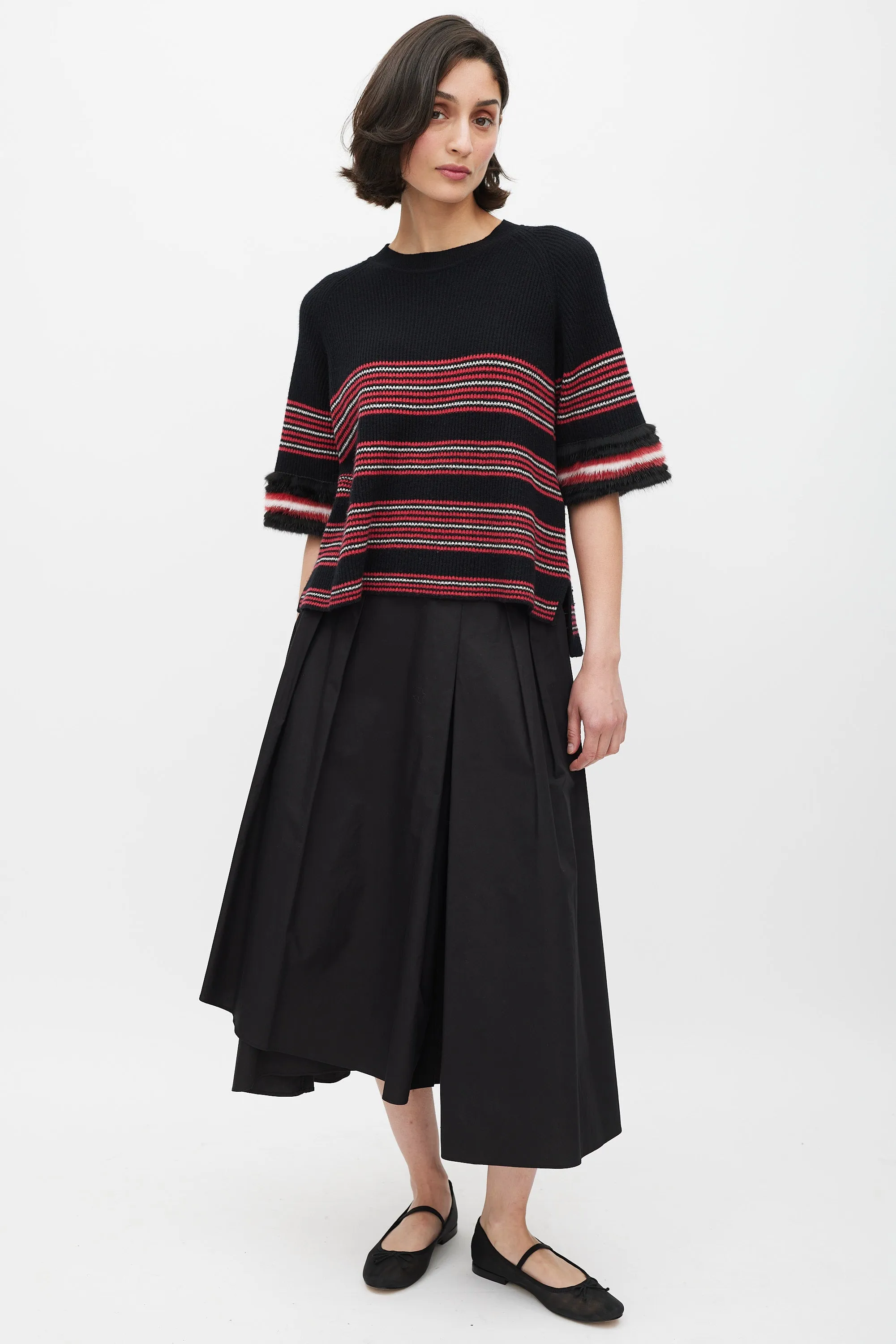 Black & Multicolour Striped Fur Trim Knit Sweater