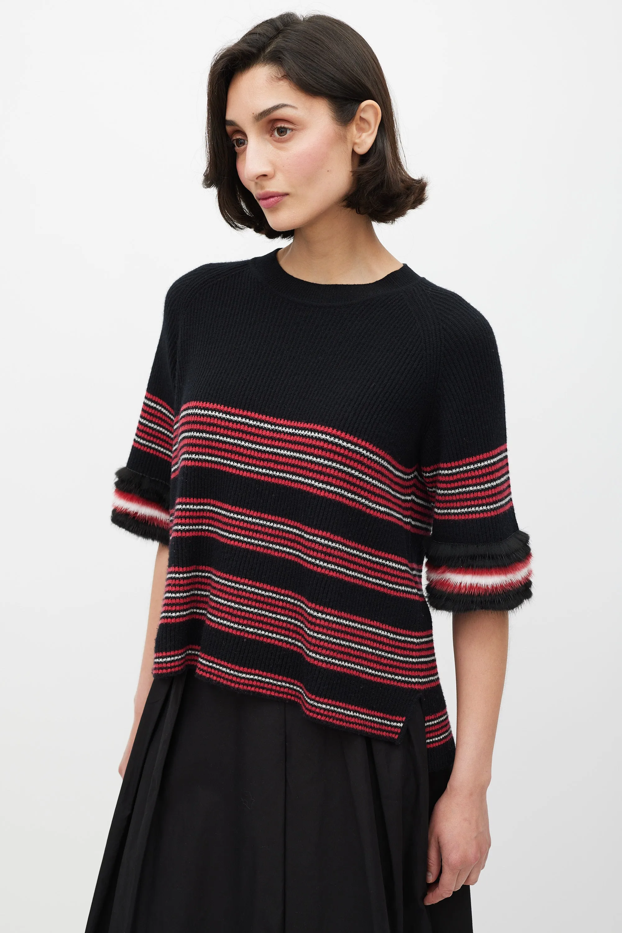 Black & Multicolour Striped Fur Trim Knit Sweater
