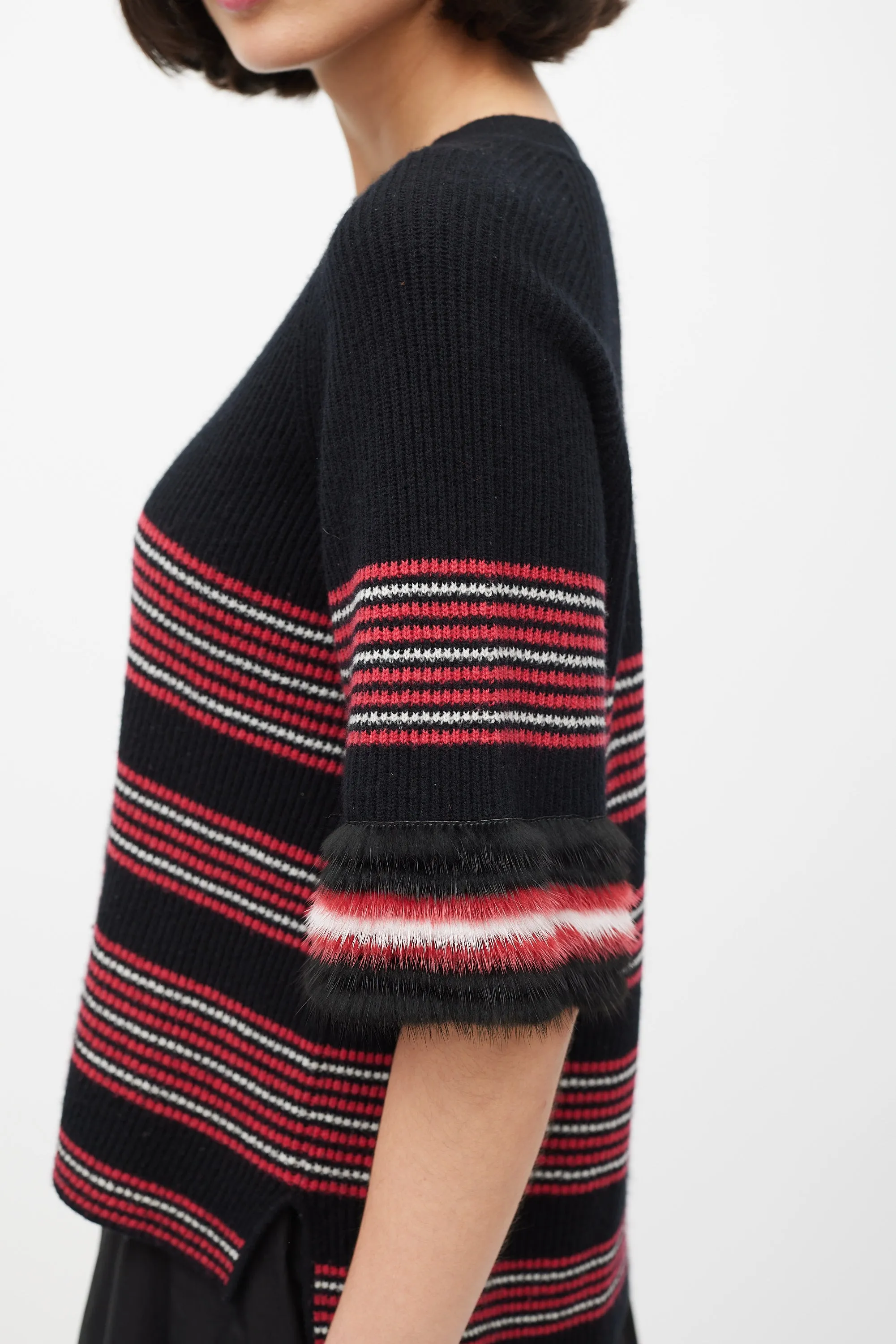 Black & Multicolour Striped Fur Trim Knit Sweater