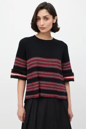 Black & Multicolour Striped Fur Trim Knit Sweater