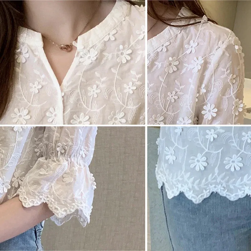 Bonnyshow Summer Tops Lace Blouses Women Embroidery Floral Cotton White Shirt Fashion Casual Short Sleeve Women's Shirts Blusas 9638