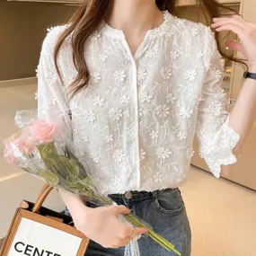 Bonnyshow Summer Tops Lace Blouses Women Embroidery Floral Cotton White Shirt Fashion Casual Short Sleeve Women's Shirts Blusas 9638
