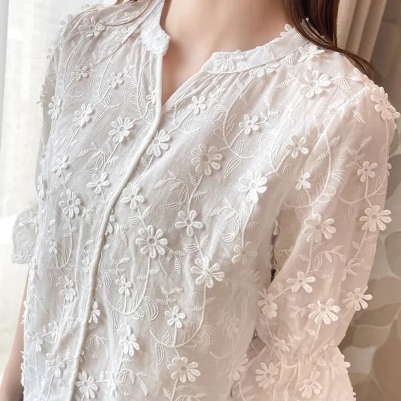 Bonnyshow Summer Tops Lace Blouses Women Embroidery Floral Cotton White Shirt Fashion Casual Short Sleeve Women's Shirts Blusas 9638