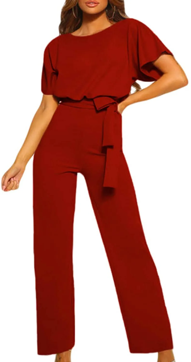 Casual Loose Short Sleeve Belted Wide Leg Pant Romper