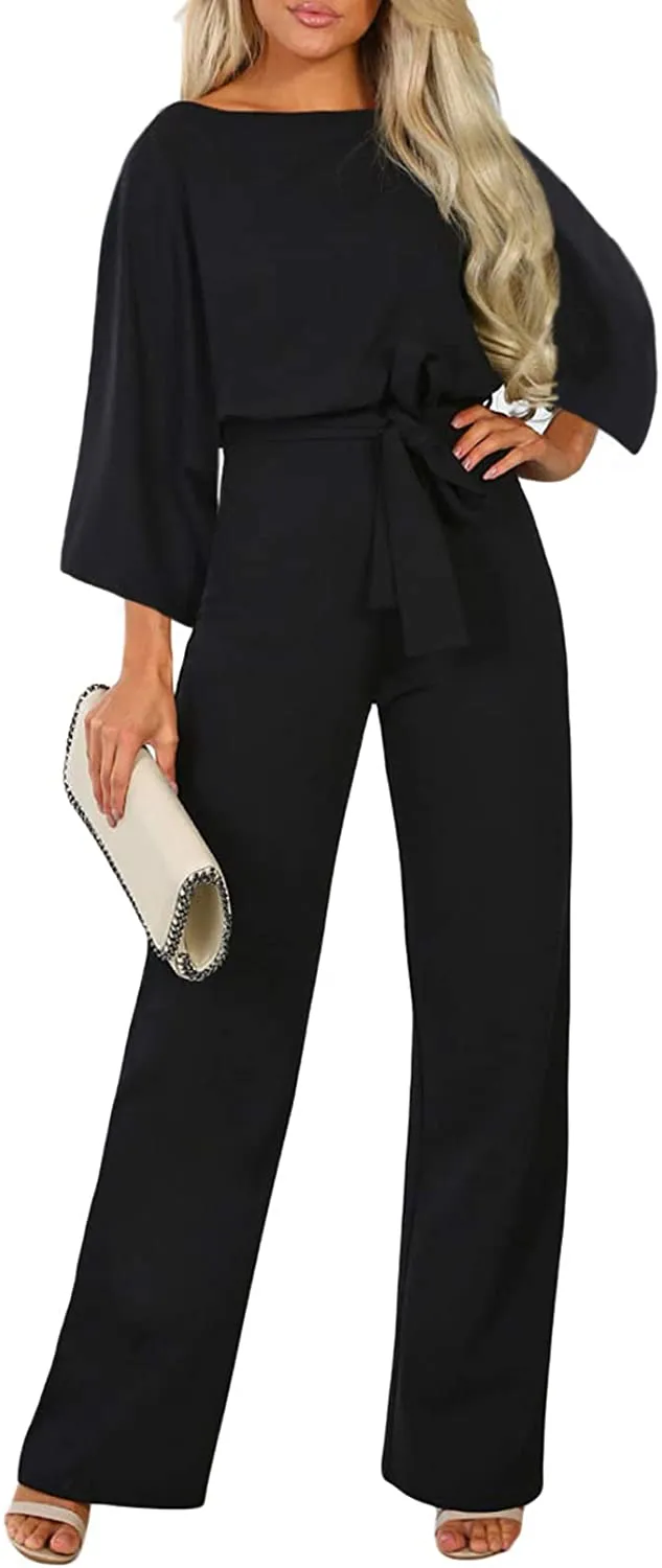 Casual Loose Short Sleeve Belted Wide Leg Pant Romper