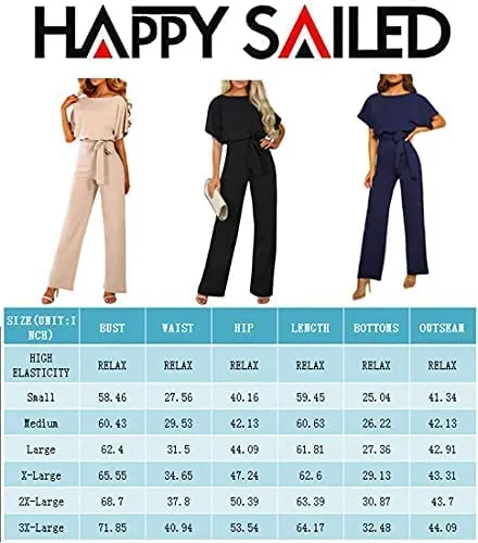 Casual Loose Short Sleeve Belted Wide Leg Pant Romper