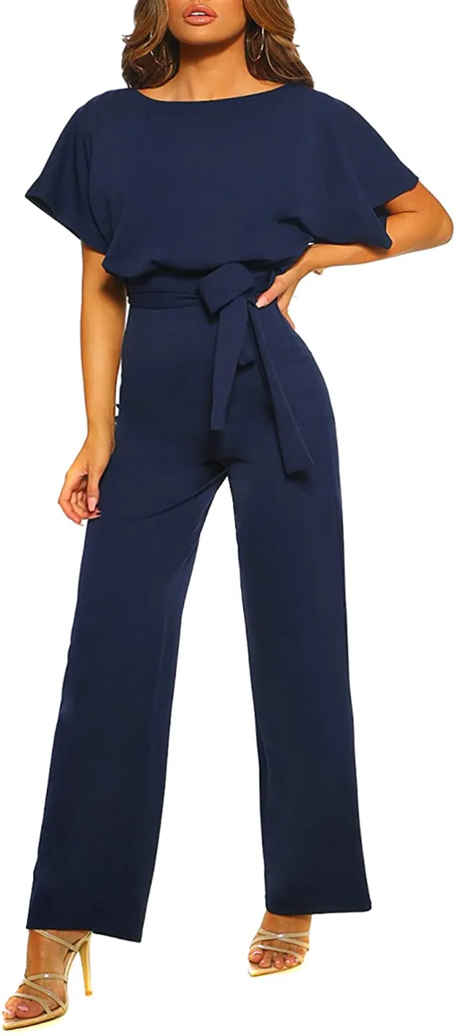 Casual Loose Short Sleeve Belted Wide Leg Pant Romper
