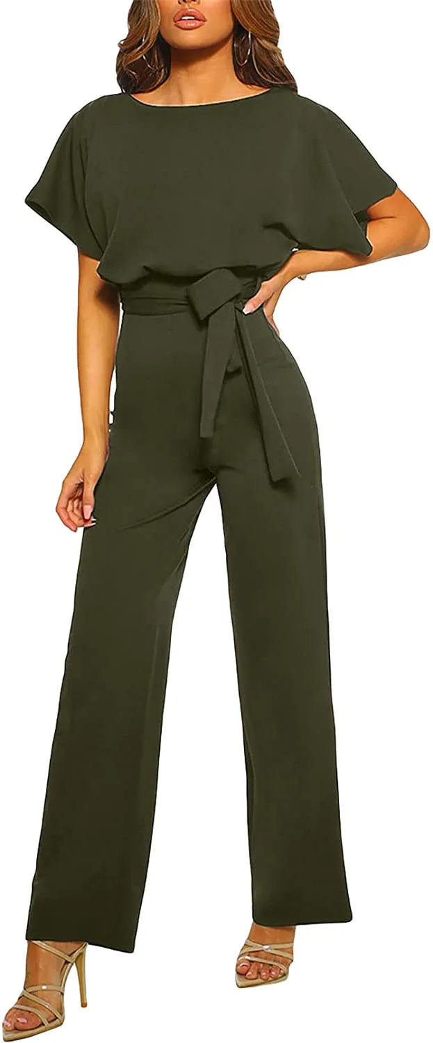 Casual Loose Short Sleeve Belted Wide Leg Pant Romper