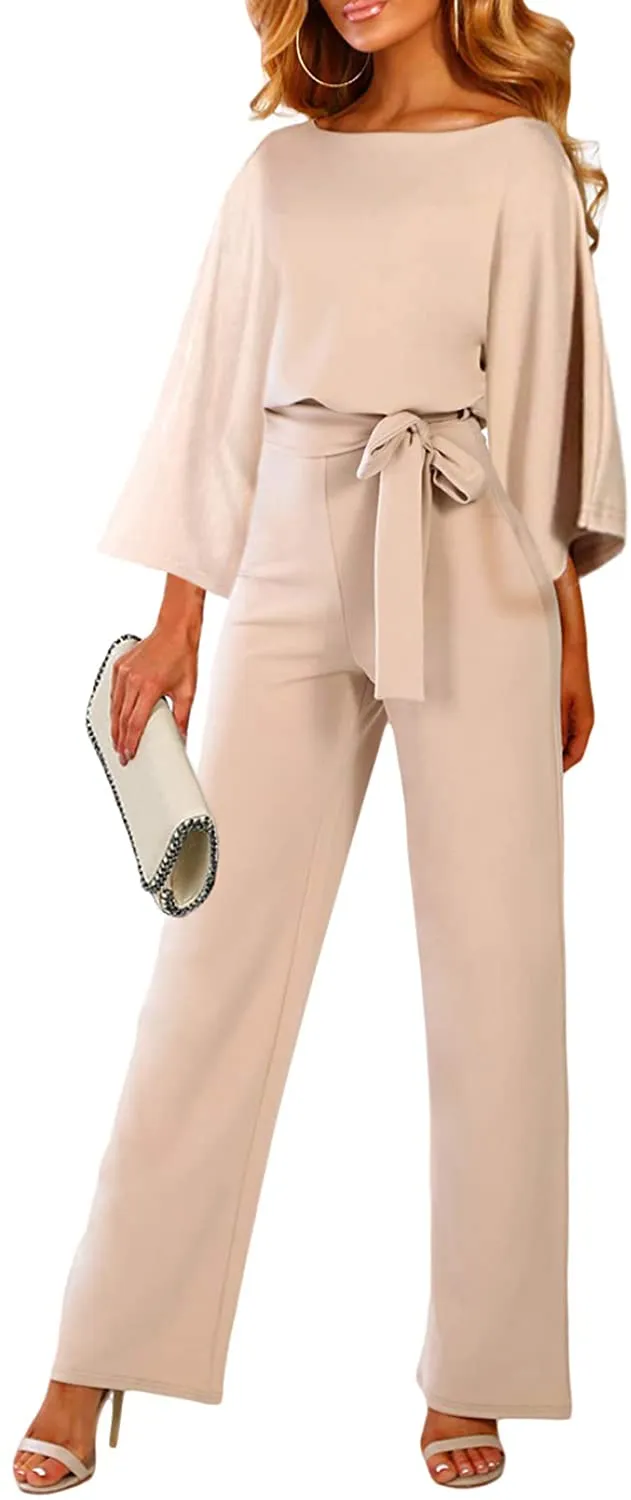 Casual Loose Short Sleeve Belted Wide Leg Pant Romper