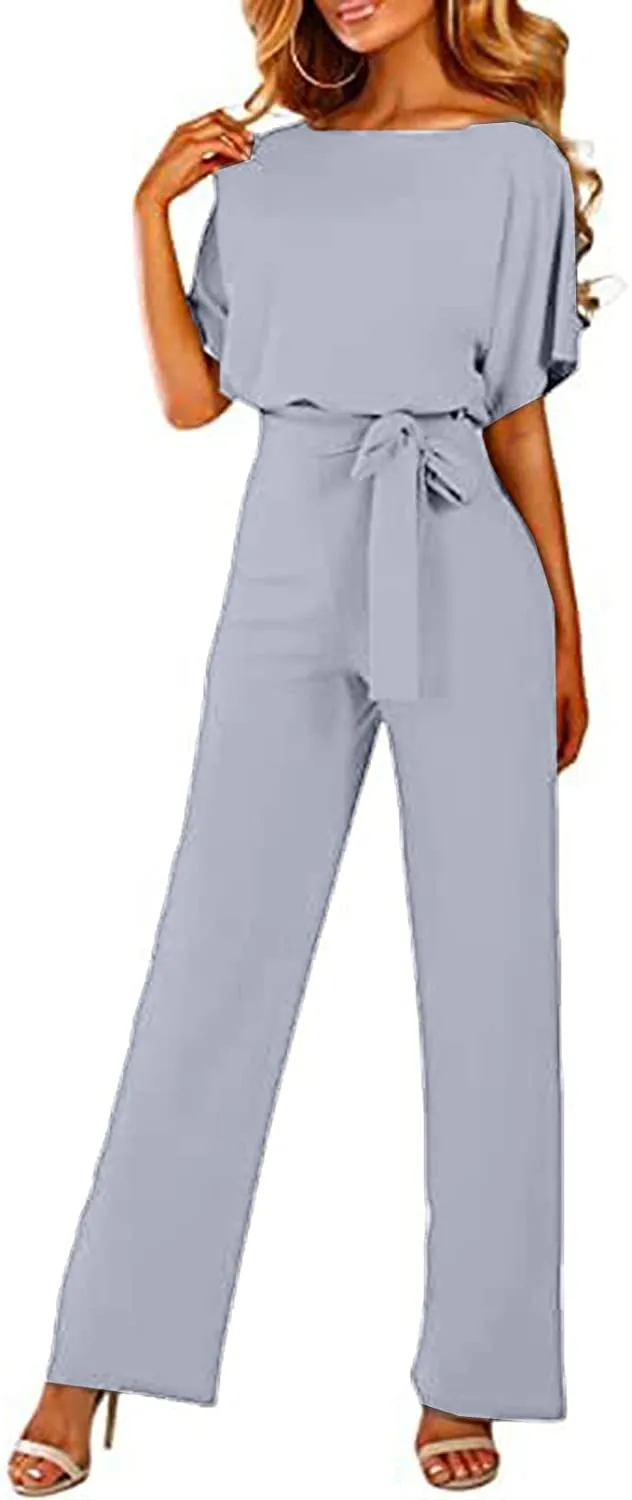 Casual Loose Short Sleeve Belted Wide Leg Pant Romper