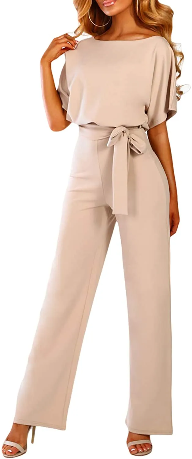 Casual Loose Short Sleeve Belted Wide Leg Pant Romper
