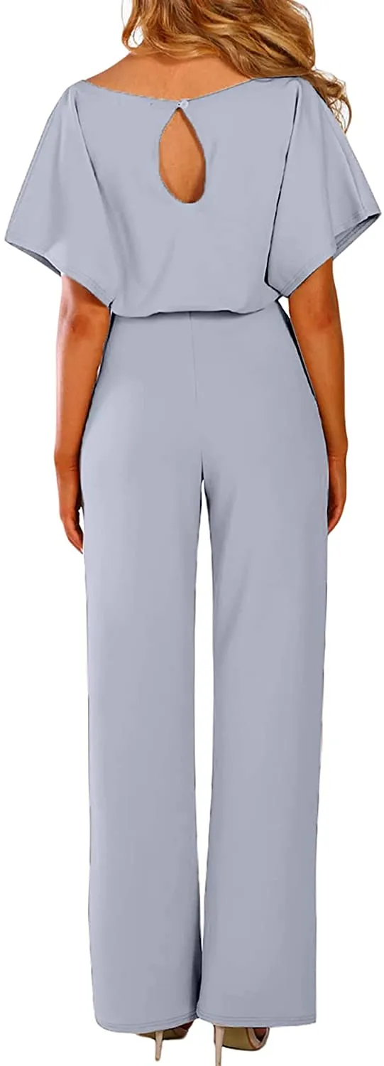 Casual Loose Short Sleeve Belted Wide Leg Pant Romper