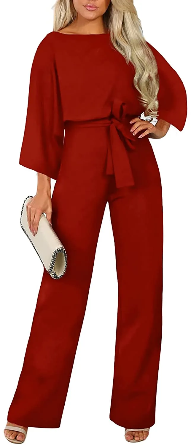 Casual Loose Short Sleeve Belted Wide Leg Pant Romper