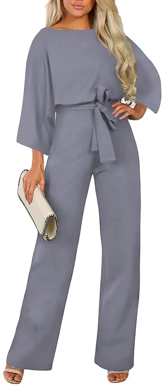 Casual Loose Short Sleeve Belted Wide Leg Pant Romper