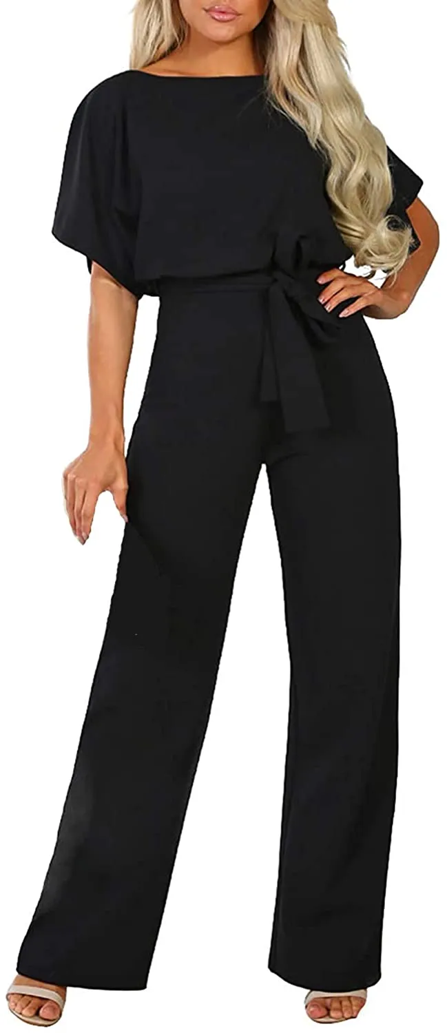 Casual Loose Short Sleeve Belted Wide Leg Pant Romper