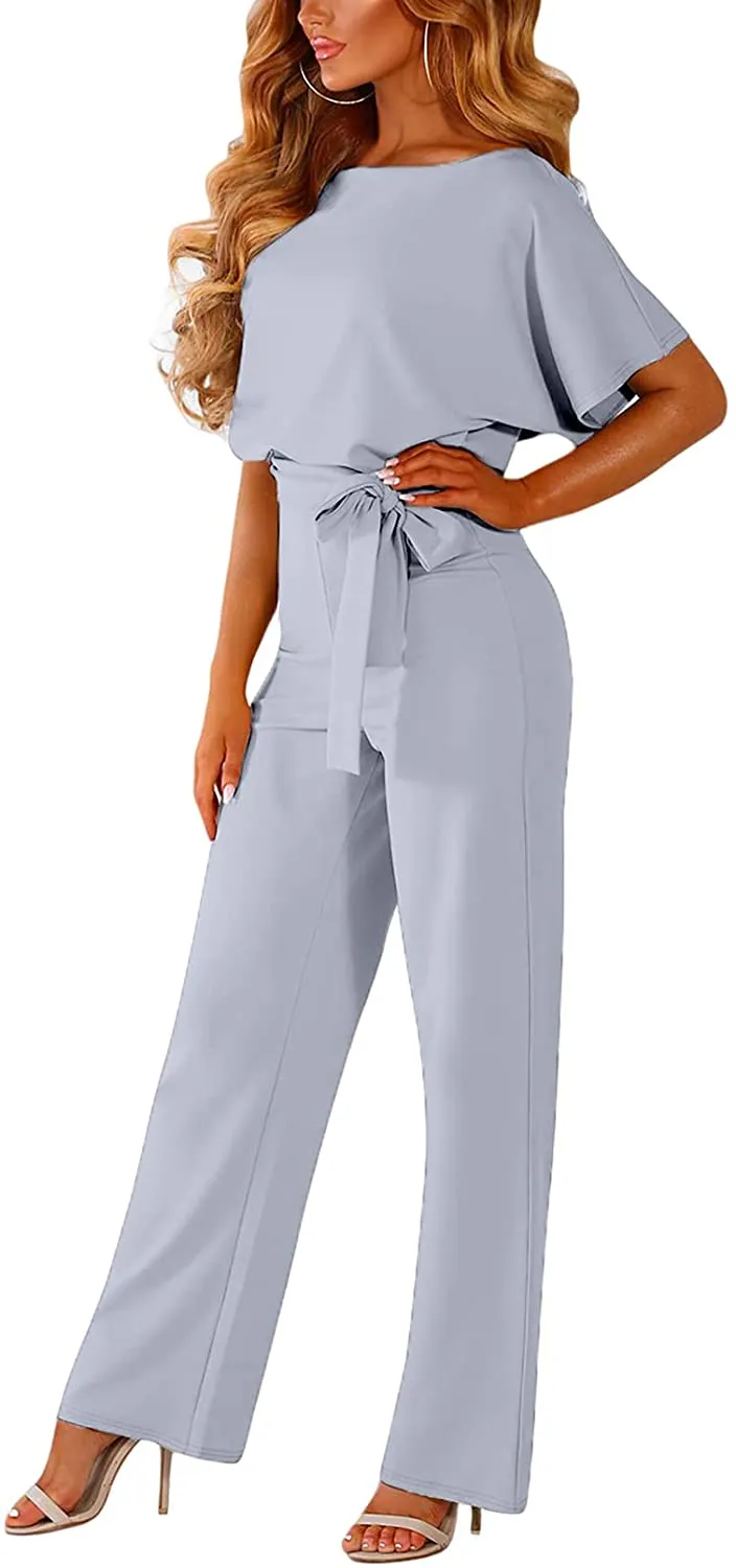 Casual Loose Short Sleeve Belted Wide Leg Pant Romper