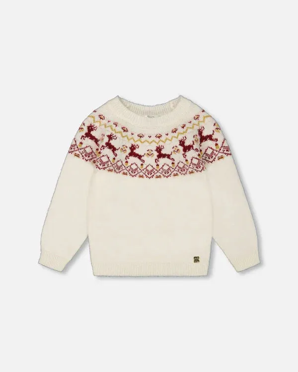 Deux Par Deux Girls Sweater with Christmas Intarsia  G20NGT70  Off White *