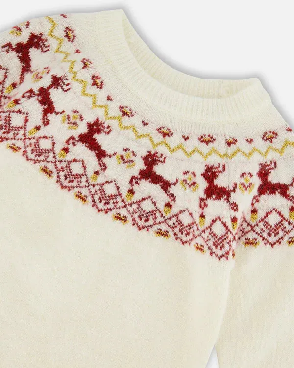 Deux Par Deux Girls Sweater with Christmas Intarsia  G20NGT70  Off White *