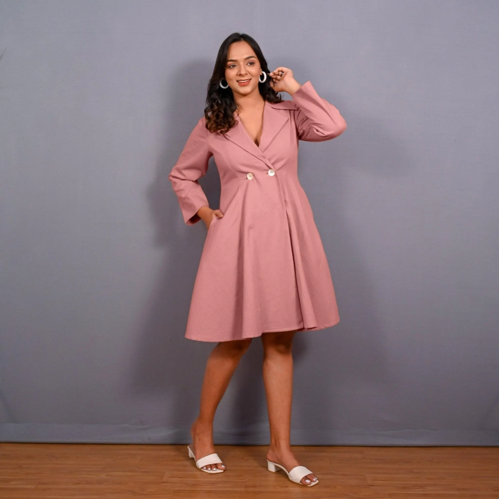 English Rose Warm Cotton Flannel Fit and Flare Knee Length Blazer Dress