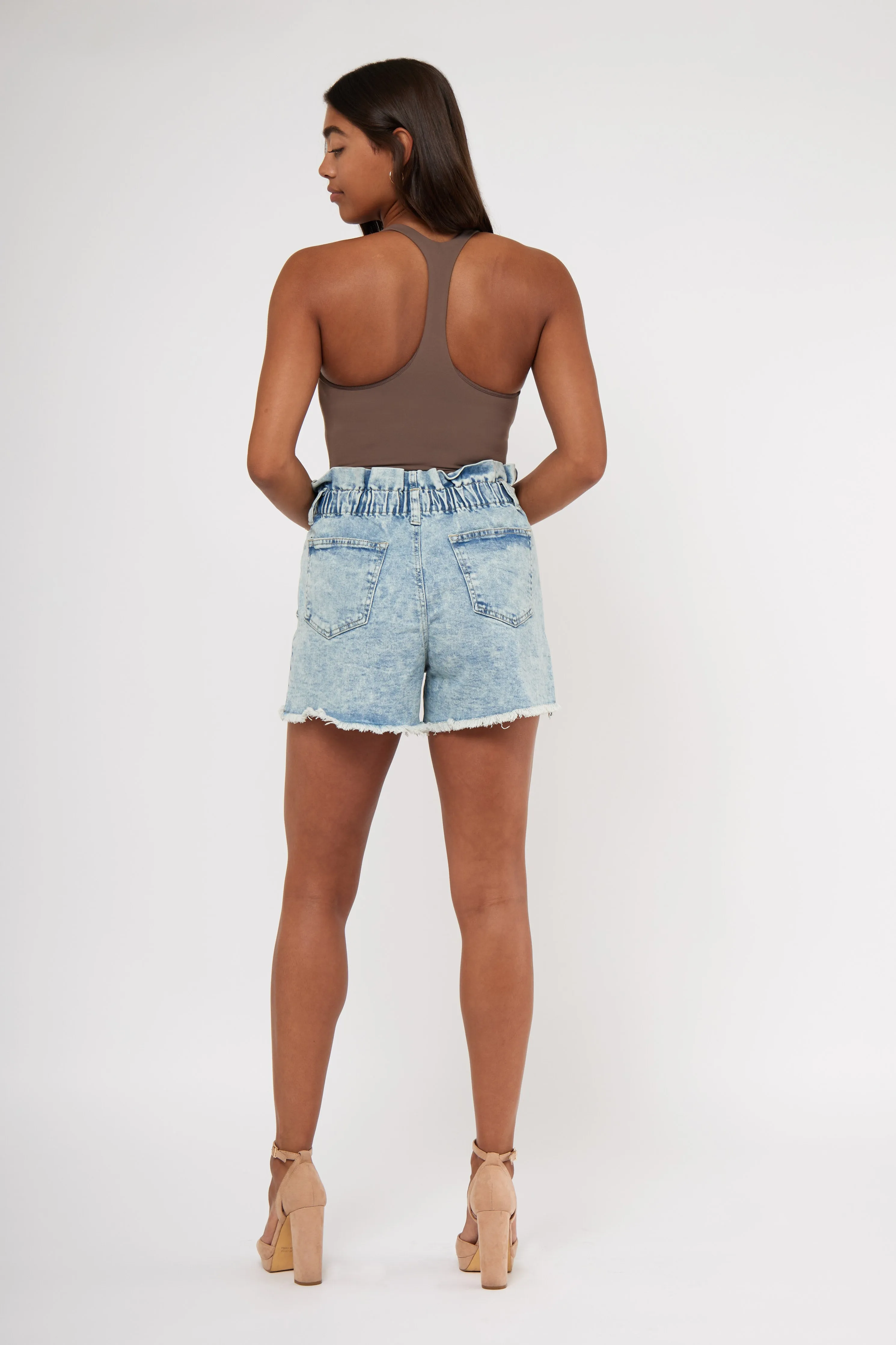Exposed Button Fly Paperbag Waist Hi Rise Denim Short