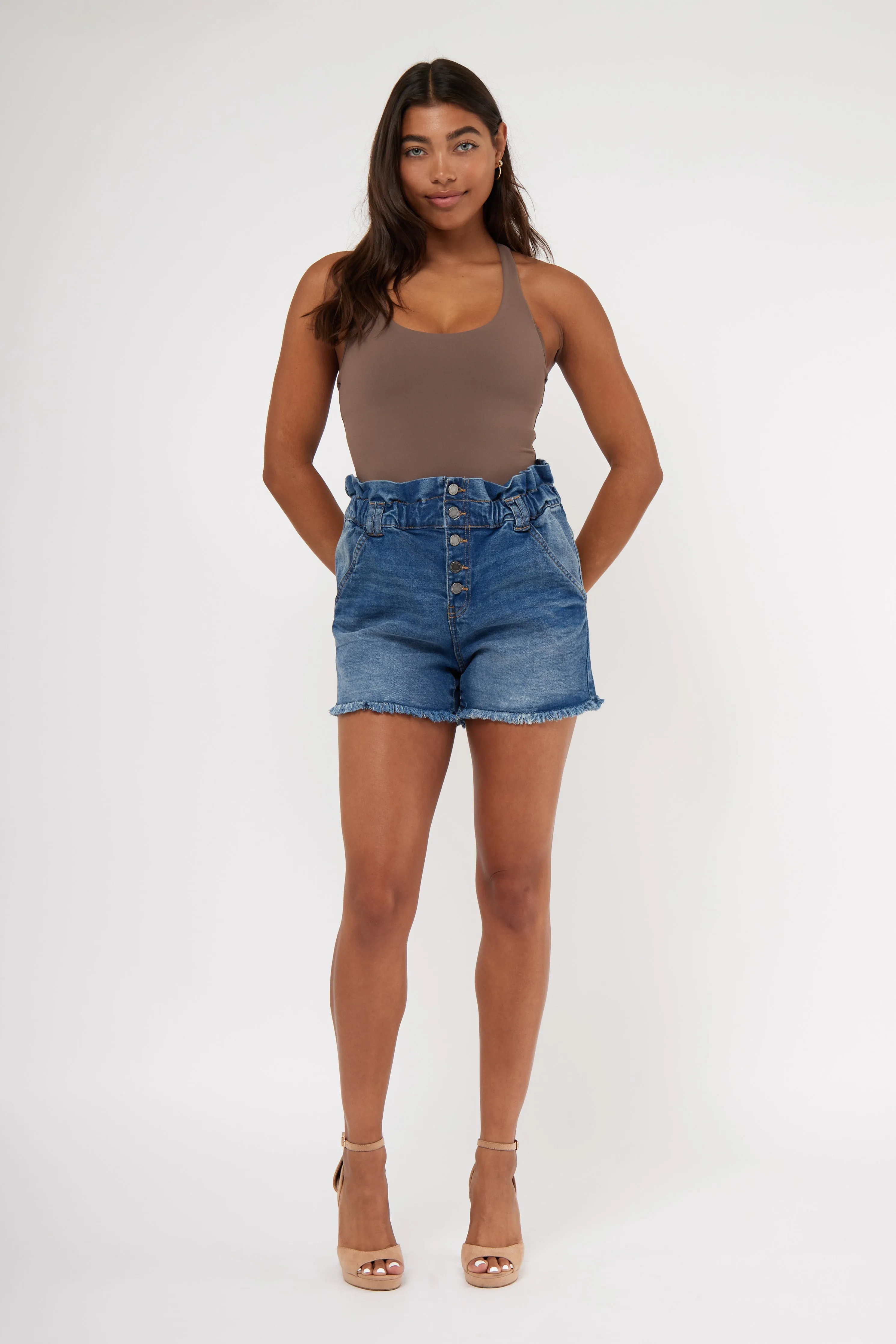 Exposed Button Fly Paperbag Waist Hi Rise Denim Short