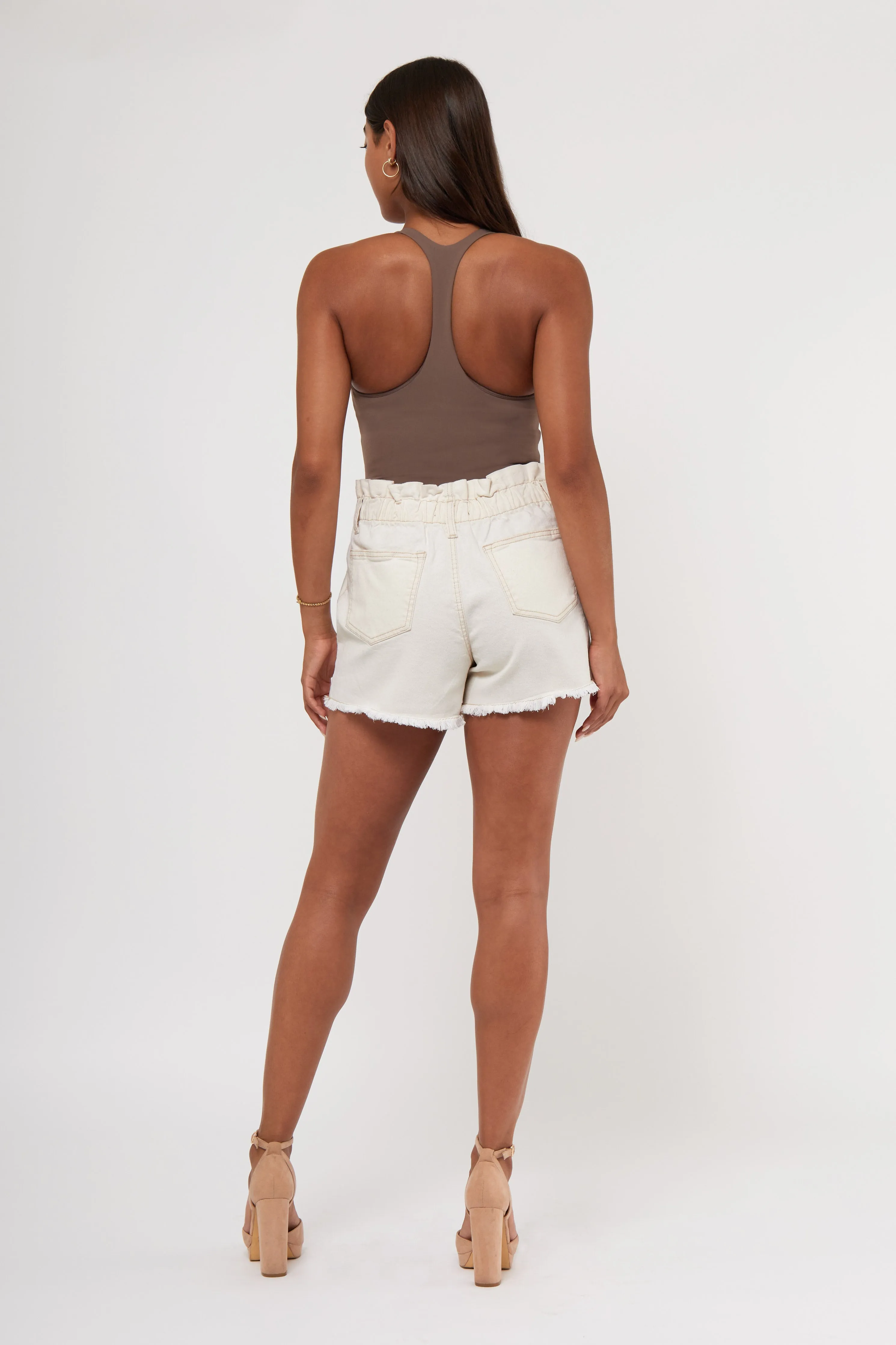 Exposed Button Fly Paperbag Waist Hi Rise Denim Short