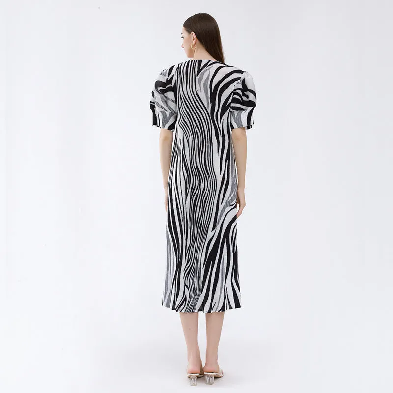 Fresh Zebra Print Pleated Loose Lantern Sleeve Dress Wholesale Dresses N5923082300007
