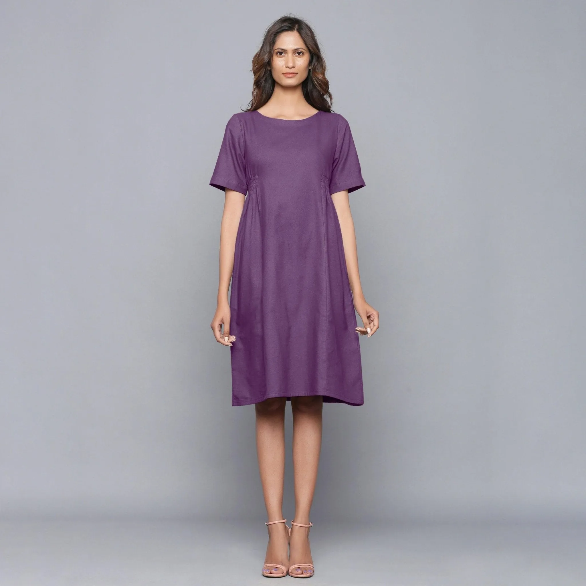 Grape Wine Warm Cotton Flannel Knee Length Paneled Dress